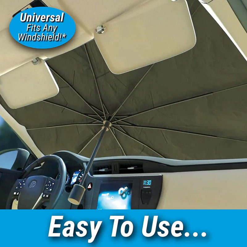 Windshield umbrella sun shade installed in car